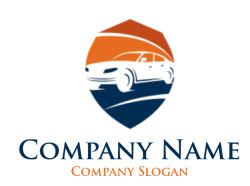 Illustration of a car with a road and sunset in orange and blue shield design.