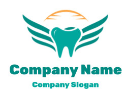 Logo featuring a tooth with angel wings and a sun above.
