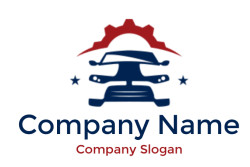 Abstract automotive logo featuring a car and gear with stars on either side.