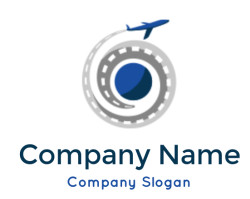 Airplane logo featuring a circular flight path around a globe.