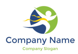 Abstract logo with a blue wave, green leaf, and dynamic white figure.