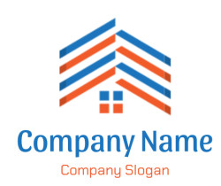 Abstract house logo with blue and orange stripes and geometric design.