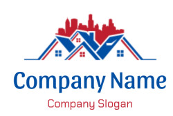 A stylized logo featuring a city skyline above residential rooftops, symbolizing urban and residential architecture.