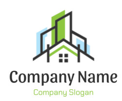 Abstract geometric architectural logo with stylized green and blue buildings.