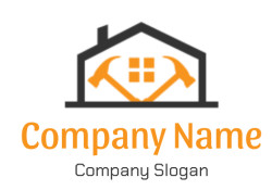 Icon of a house silhouette with a hammer, saw, and window.