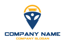 Illustration of a map marker with a steering wheel and road symbol.