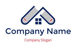 Logo featuring a stylized house roof with blue outline and a window design in the center.