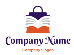 Icon of a shopping bag combined with an open book in purple and red.