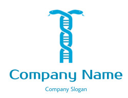 Illustration of a blue DNA double helix intertwined with twin snakes.