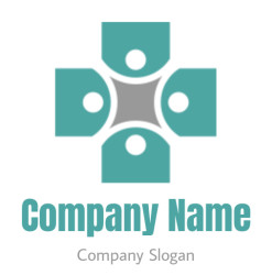 Abstract geometric logo with teal and gray colors.