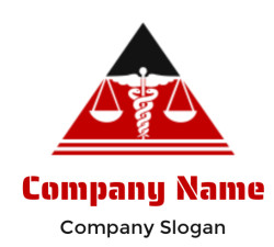 Red and black emblem featuring a caduceus and scales symbolizing medicine and justice.