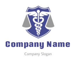 Emblem featuring a caduceus and scales on a blue shield.