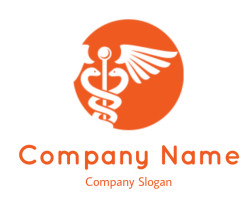 Caduceus symbol inside an orange circle.