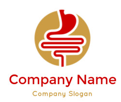 Stylized icon of a stomach and intestines in red within a golden circle.