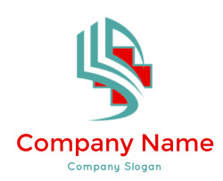 Abstract geometric logo with curved teal lines and red shapes.