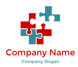 Interlocking red and blue puzzle pieces in an abstract design on a white background.