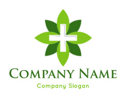 Green medical cross logo with a leaf pattern background.