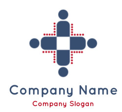 Symmetrical geometric cross design with blue circles and red dots.