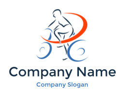 Abstract logo of a cyclist with a red and blue design featuring a swirl and wheels.