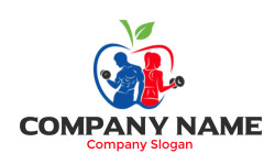 Fitness logo persons with dumbbells in apple