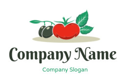 Illustration of a red tomato and black olives with green leaves.