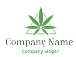 Green cannabis leaf overlaid on a transparent triangle design.