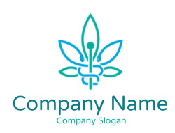 Blue and green medical cannabis leaf combined with a caduceus symbol.