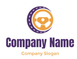 Car steering wheel icon within a circular design in orange and purple colors.