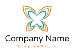 Abstract butterfly logo with colorful orange, green, and blue outlines.