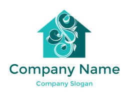 Illustration of a teal house icon with a decorative floral design featuring swirls and leaves.
