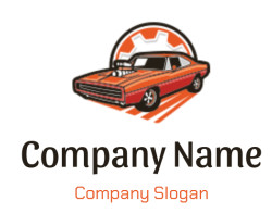Illustration of a vintage muscle car with a prominent gear graphic in the background.