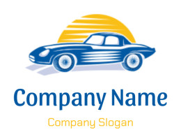 Illustration of a vintage blue car in front of a stylized sun.