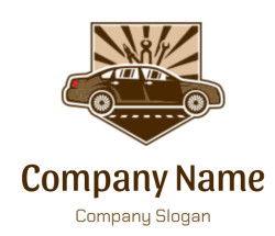 Emblem featuring a car with automotive repair tools in the background.