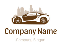 Stylized illustration of a sports car with a city skyline in the background.