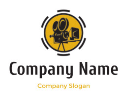 Black vintage film camera icon on a yellow background with circular design.