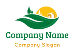 agriculture logo of barn trees birds on leaf