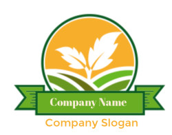 Agriculture logo featuring a leaf and field in a circular emblem with a green ribbon below.