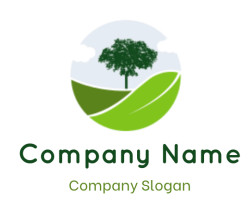 Logo featuring a green landscape with a tree in a circular design.