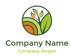 Eco-friendly logo with green leaves and circular design representing sustainable agriculture.