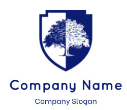 Emblem of a half blue tree on a shield background.
