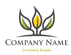 Stylized logo with three leaves, including one yellow and two green, outlined in gray.
