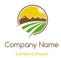 Logo depicting agricultural fields with mountains, sun, and birds.