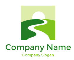 Minimalist illustration of a winding path through green hills with a sunset in the background.