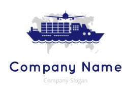 design a logistics logo container ship with airplane with world map background