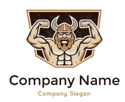 Illustrated logo of a muscular Viking with a helmet and beard flexing arms.