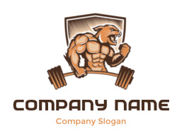 design a fitness logo lion muscle man gym mascot with dumbbell in shield