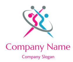 Abstract gymnastics logo with intertwined pink and blue figures and spherical elements.