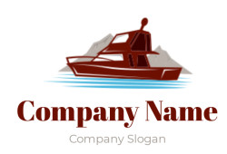Illustration of a motorboat on water with mountains in the background.