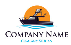 Silhouette of a boat against an orange sunset with ocean waves illustration.