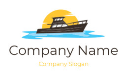 Illustration of a boat silhouette against a sunset background on water.